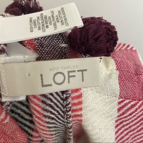 LOFT Red White Plaid Pom Pom Infinity Wrap Scarf - Picture 11 of 12